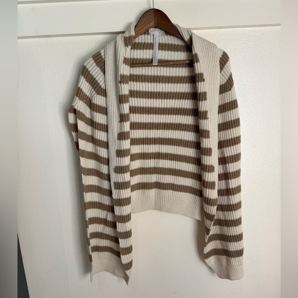 Free People Striped Knit Shawl Wrap – Brown & Cream Boho Layering Piece